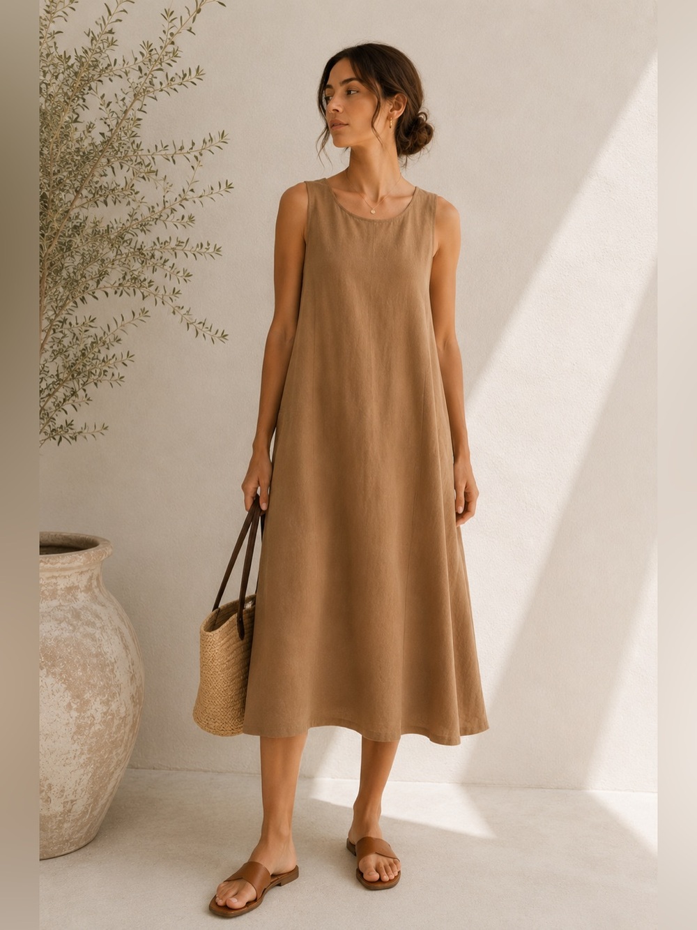 MUJI 100% Linen A-Line Midi Dress | Camel Tan | Minimalist Pocket Dress | XS